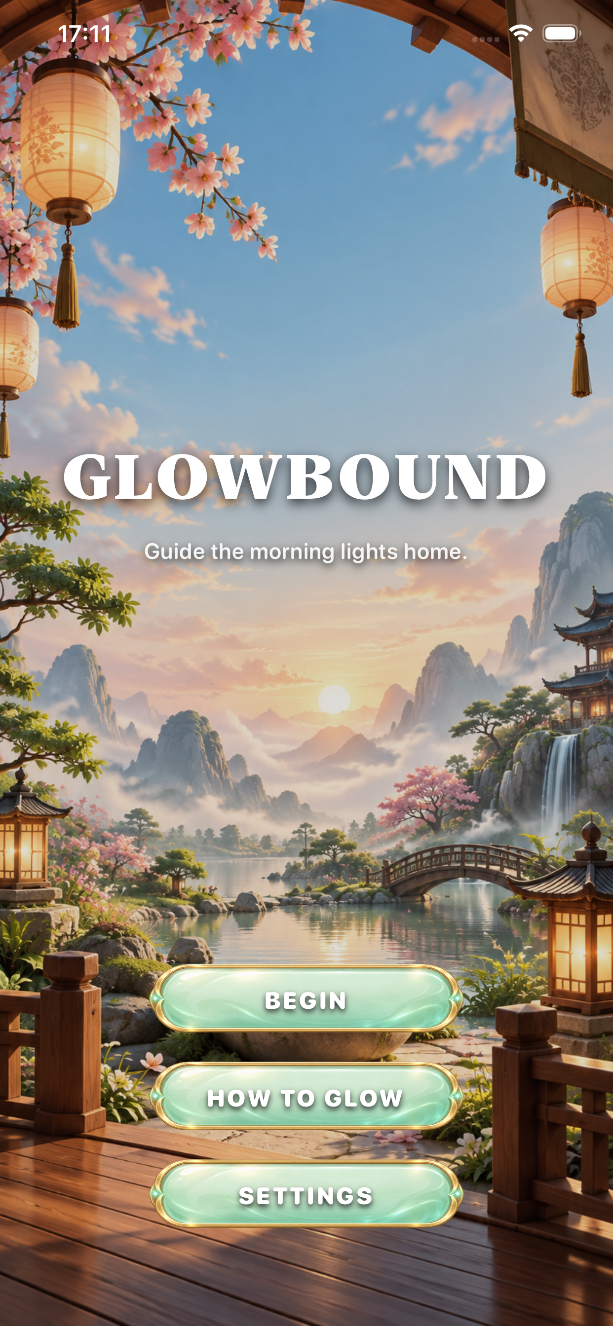 Glowbound home screen with Begin, How to Glow, and Settings.